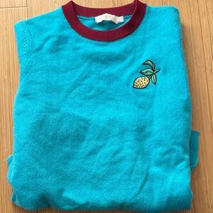 Tory Burch Teal Crewneck Sweater with Lemon Embroidery